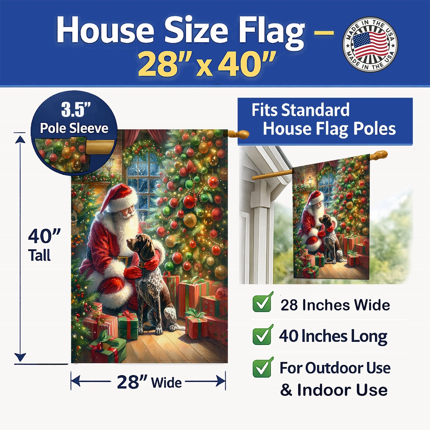 German Shorthaired Pointer and Santa Claus House Flag 28x40 Porch Sleeve Pole Decorative Outside Yard Banner Artwork Wall Hanging, Polyester
