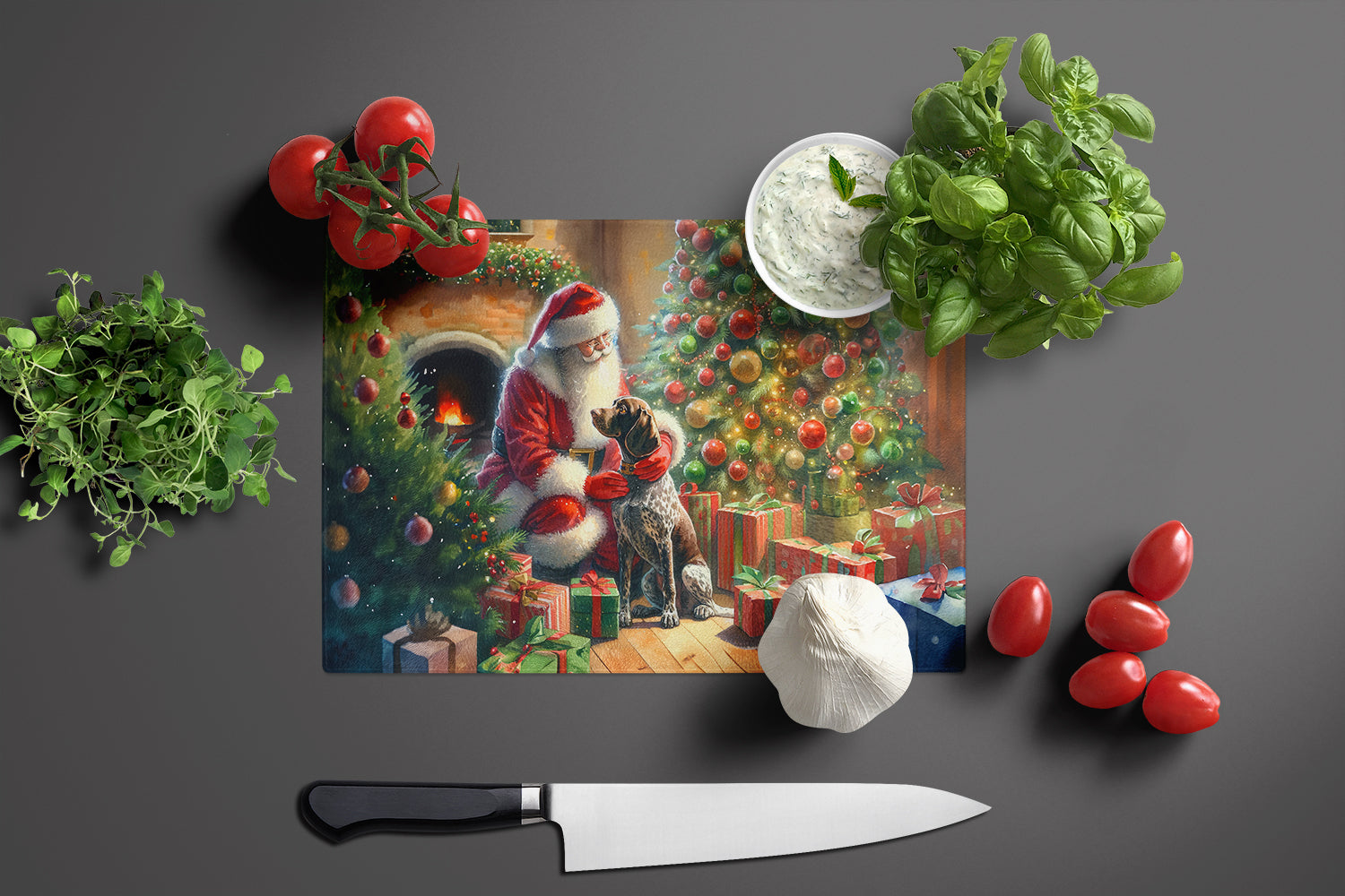 German Shorthaired Pointer and Santa Claus Cutting Board Tempered Glass Kitchen Cutting Surface, Heat Resistant Chopping, Non-Slip Feet, Food Prep & Serving