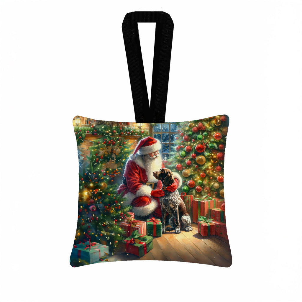 German Shorthaired Pointer and Santa Claus Hanging Square Fabric Ornament 3.5 × 3.5 Decorative Door-Knob & Tree Hanger, Soft Fabric