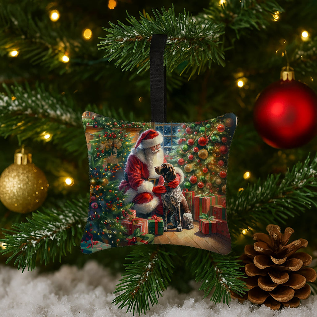 German Shorthaired Pointer and Santa Claus Hanging Square Fabric Ornament 3.5 × 3.5 Decorative Door-Knob & Tree Hanger, Soft Fabric