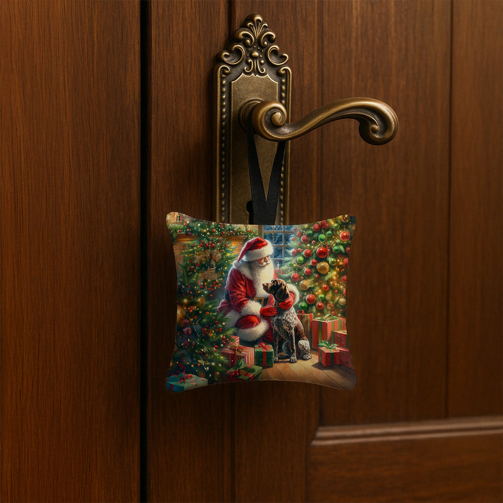 German Shorthaired Pointer and Santa Claus Hanging Square Fabric Ornament 3.5 × 3.5 Decorative Door-Knob & Tree Hanger, Soft Fabric