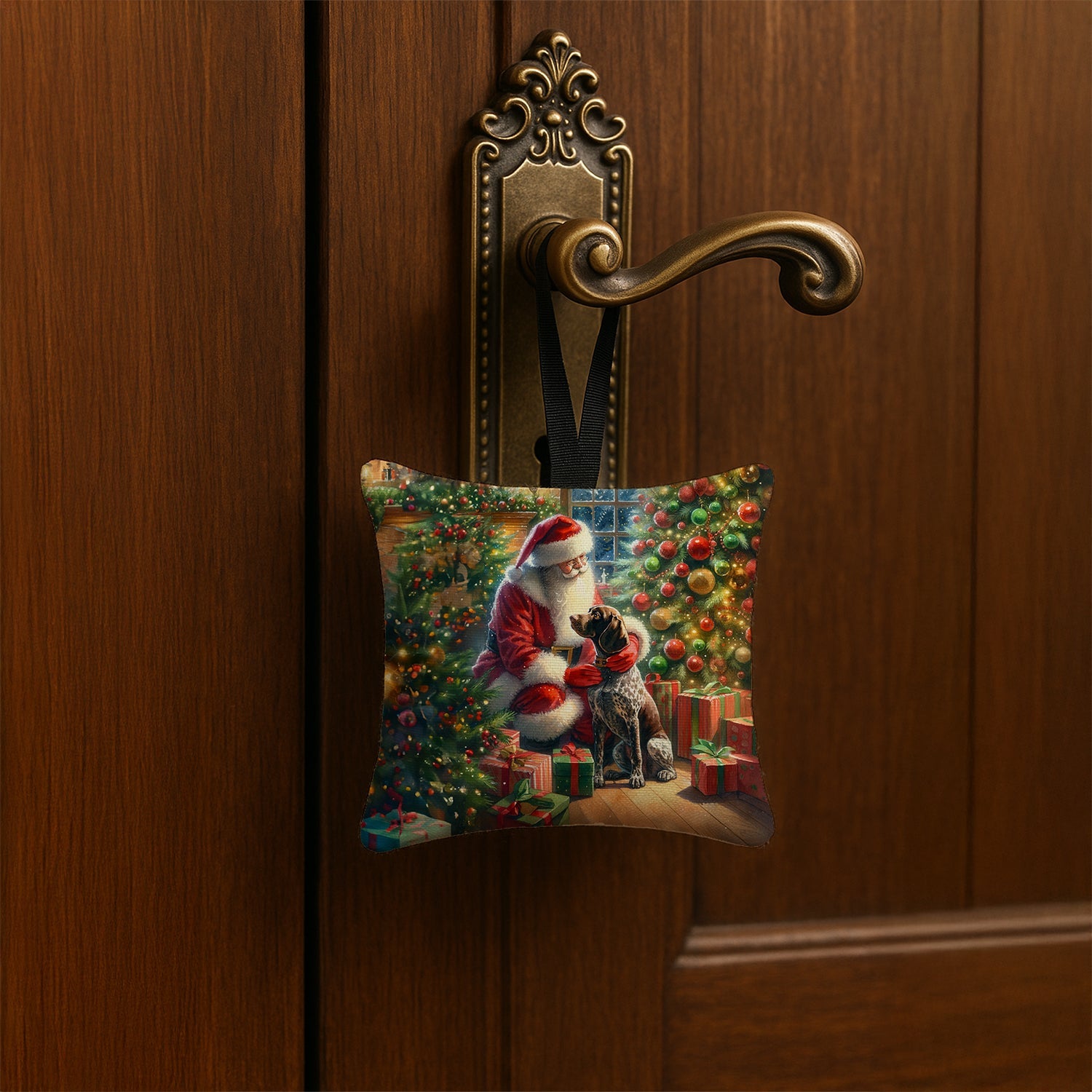 German Shorthaired Pointer and Santa Claus Hanging Square Fabric Ornament 3.5 × 3.5 Decorative Door-Knob & Tree Hanger, Soft Fabric