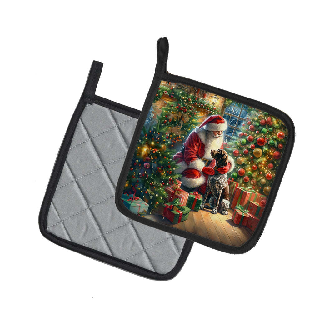 German Shorthaired Pointer and Santa Claus Pot Holder Set of 2 Heat Resistant Quilted Hot Pads 7.5 x 7.5 Inch, Insulated Kitchen Trivets for Cooking & Baking