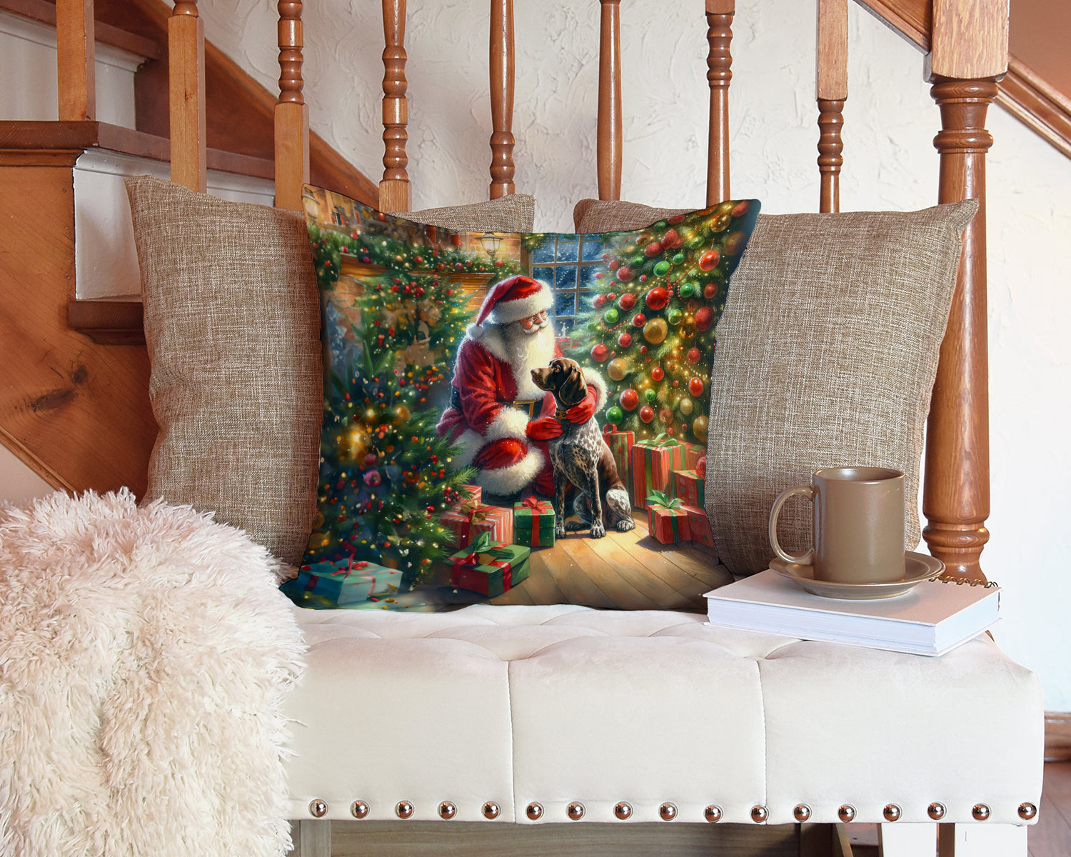 German Shorthaired Pointer and Santa Claus Decorative Throw Pillow 14x14 Indoor Outdoor Accent Cushion, Fabric Cover with Insert for Sofa, Bed, Porch & Living Room