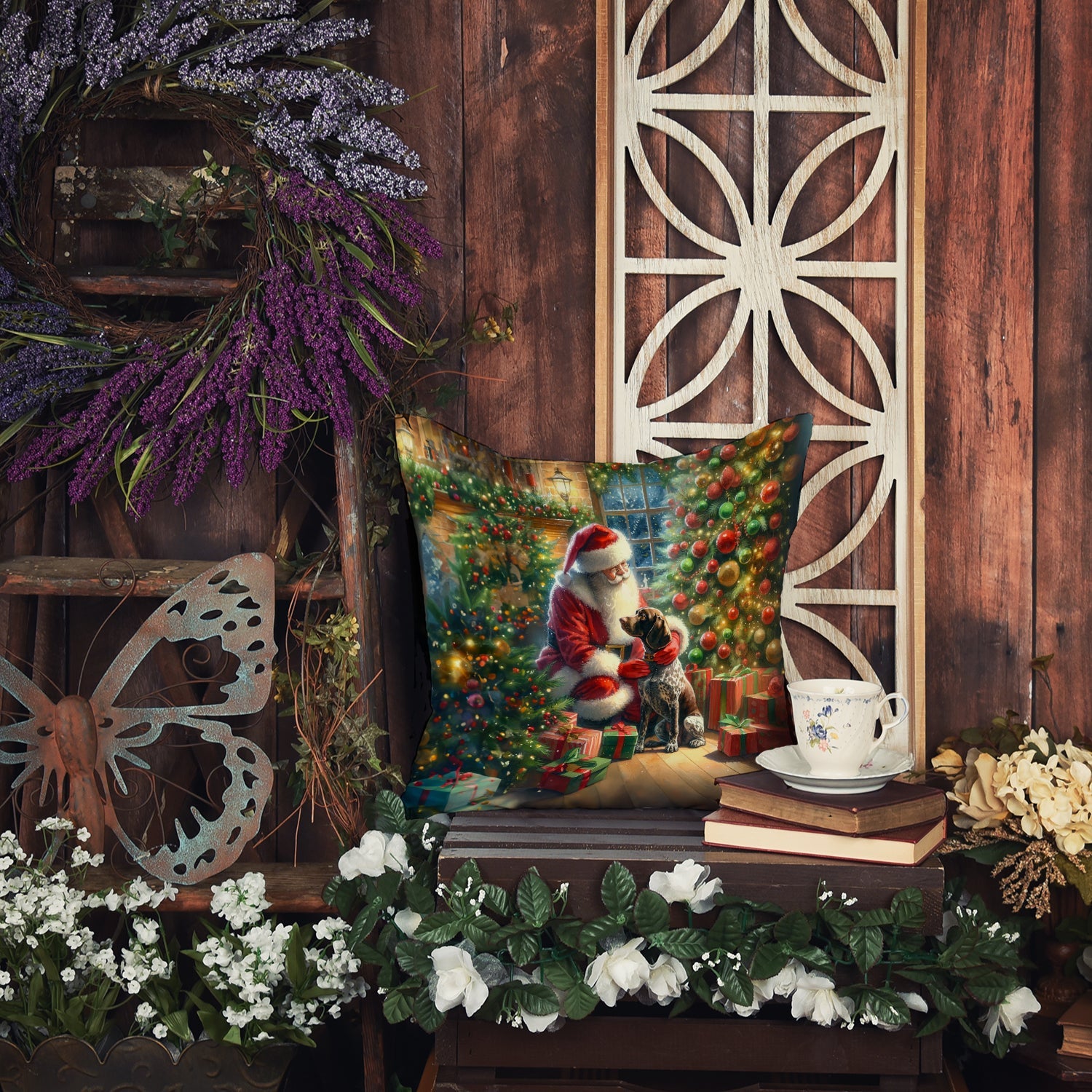 German Shorthaired Pointer and Santa Claus Decorative Throw Pillow 14x14 Indoor Outdoor Accent Cushion, Fabric Cover with Insert for Sofa, Bed, Porch & Living Room