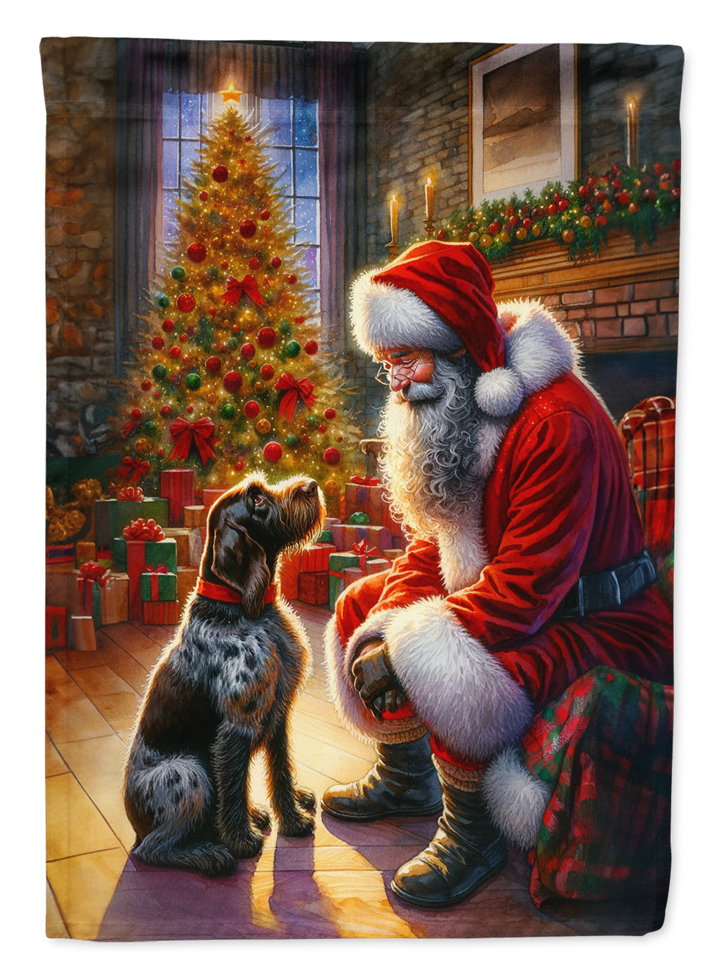 German Wirehaired Pointer and Santa Claus House Flag 28x40 Porch Sleeve Pole Decorative Outside Yard Banner Artwork Wall Hanging, Polyester