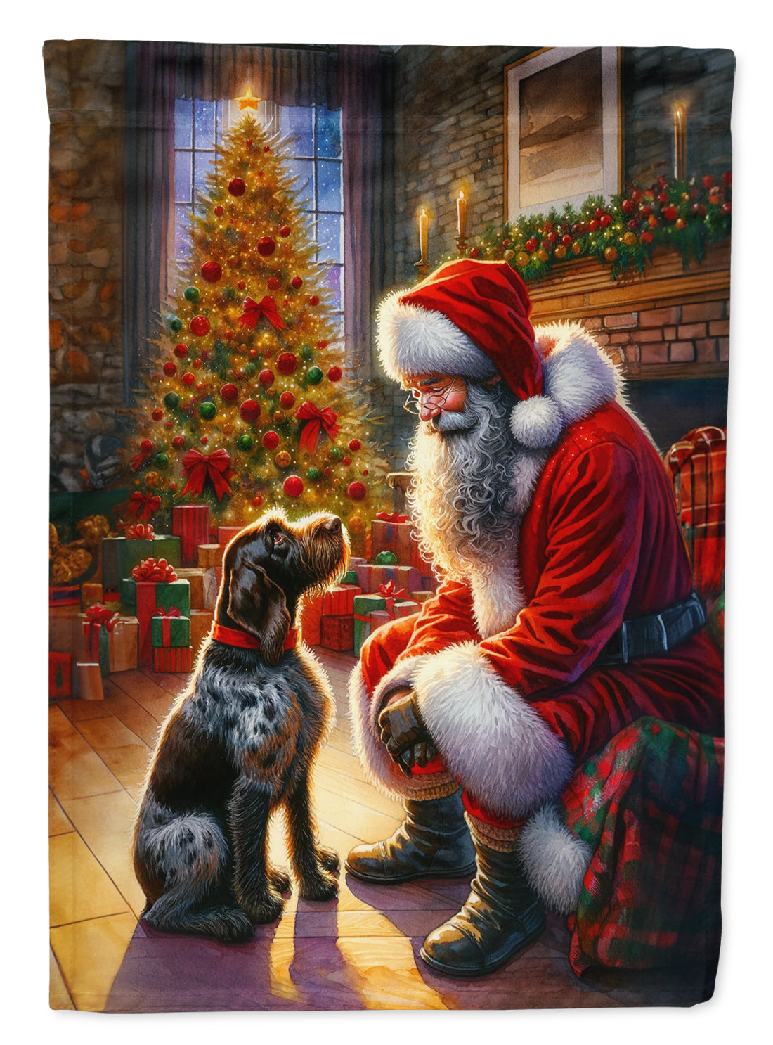 German Wirehaired Pointer and Santa Claus House Flag 28x40 Porch Sleeve Pole Decorative Outside Yard Banner Artwork Wall Hanging, Polyester