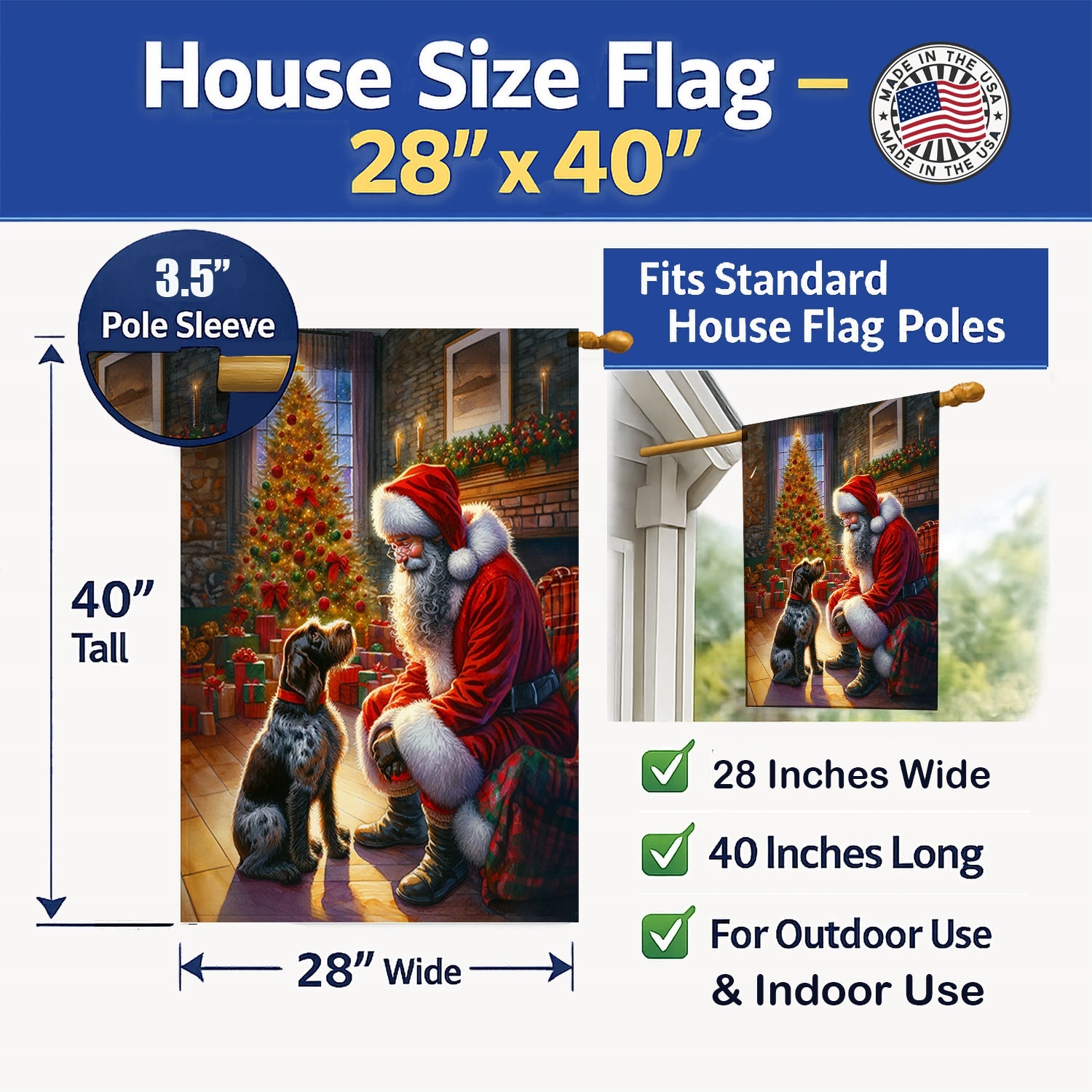 German Wirehaired Pointer and Santa Claus House Flag 28x40 Porch Sleeve Pole Decorative Outside Yard Banner Artwork Wall Hanging, Polyester