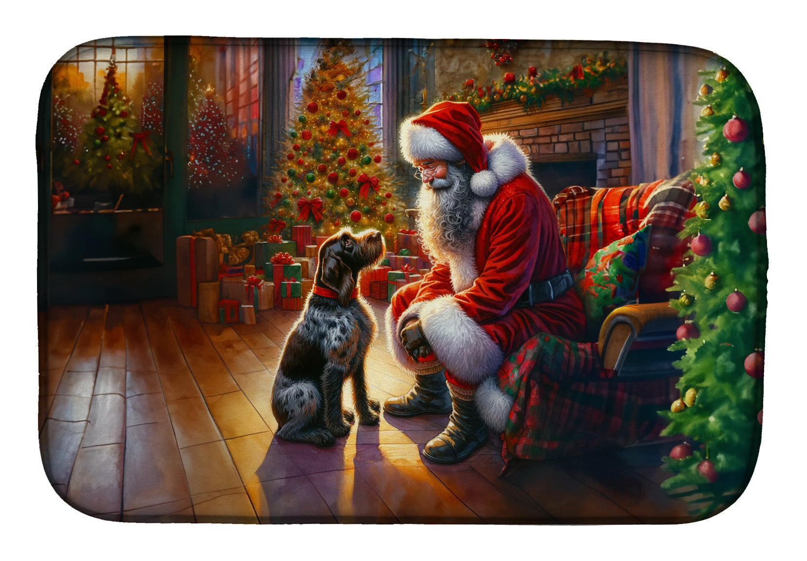 German Wirehaired Pointer and Santa Claus Dish Drying Mat Absorbent Dish Drying Mat Pad for Kitchen Counter Dish Drainer Mat for Countertop, 14 x 21", Multicolor