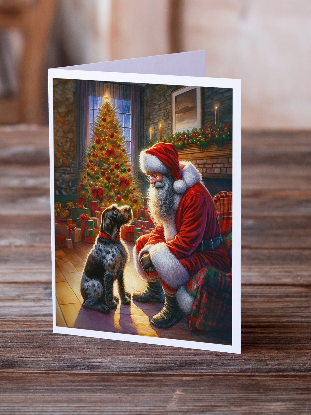 German Wirehaired Pointer and Santa Claus Greeting Cards Pack of 8 Blank Cards with Envelopes Whimsical A7 Size 5x7