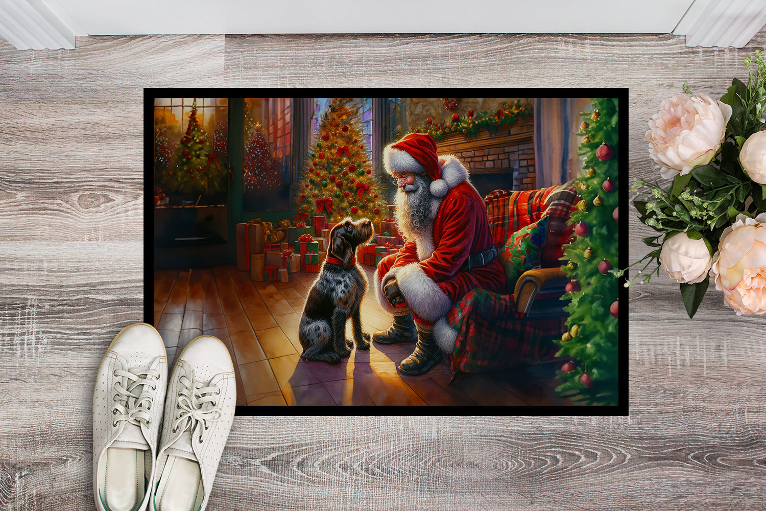 German Wirehaired Pointer and Santa Claus Doormat Indoor Outdoor 24H X 36W Front Door Mat Rugs for Entryway, Non Slip Washable Low Pile,