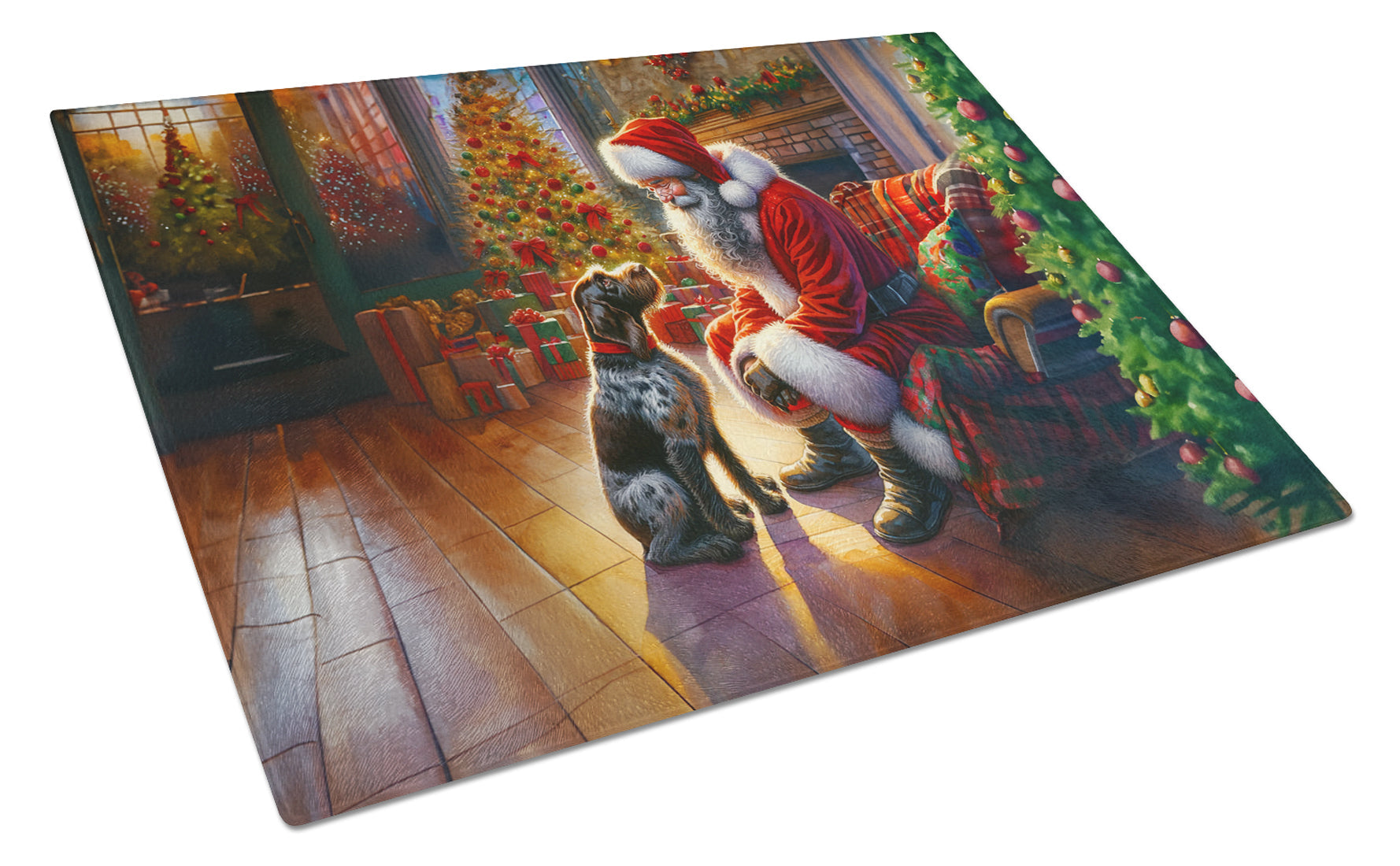 German Wirehaired Pointer and Santa Claus Cutting Board Tempered Glass Kitchen Cutting Surface, Heat Resistant Chopping, Non-Slip Feet, Food Prep & Serving