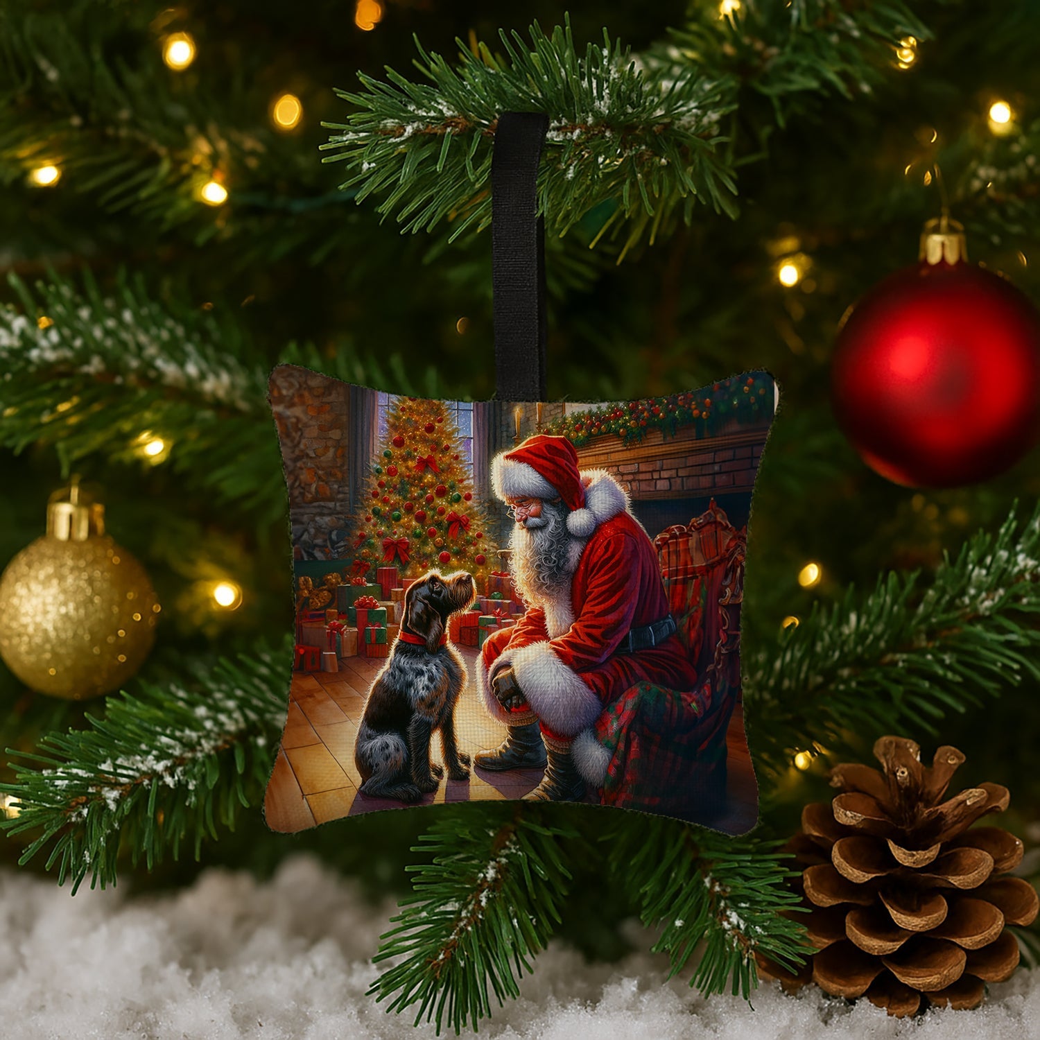 German Wirehaired Pointer and Santa Claus Hanging Square Fabric Ornament 3.5 × 3.5 Decorative Door-Knob & Tree Hanger, Soft Fabric