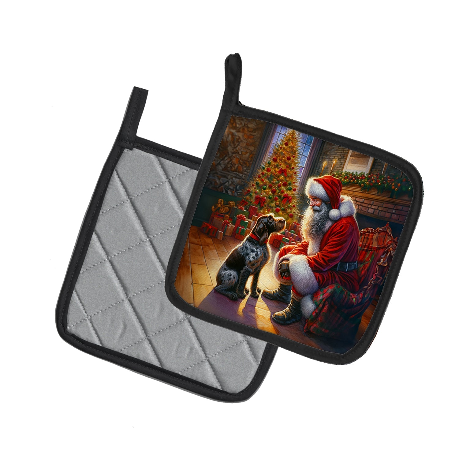 German Wirehaired Pointer and Santa Claus Pot Holder Set of 2 Heat Resistant Quilted Hot Pads 7.5 x 7.5 Inch, Insulated Kitchen Trivets for Cooking & Baking
