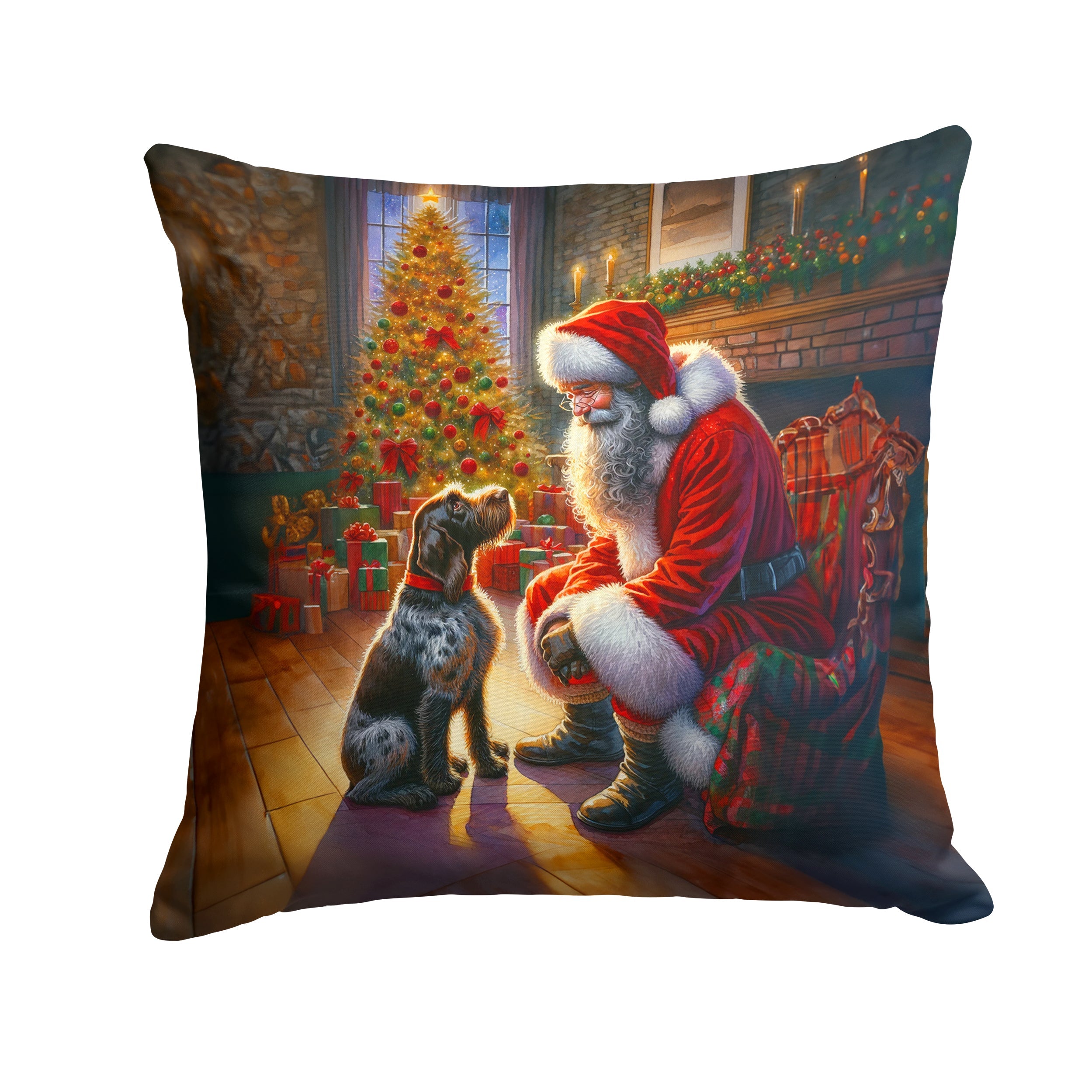 German Wirehaired Pointer and Santa Claus Decorative Throw Pillow 14x14 Indoor Outdoor Accent Cushion, Fabric Cover with Insert for Sofa, Bed, Porch & Living Room