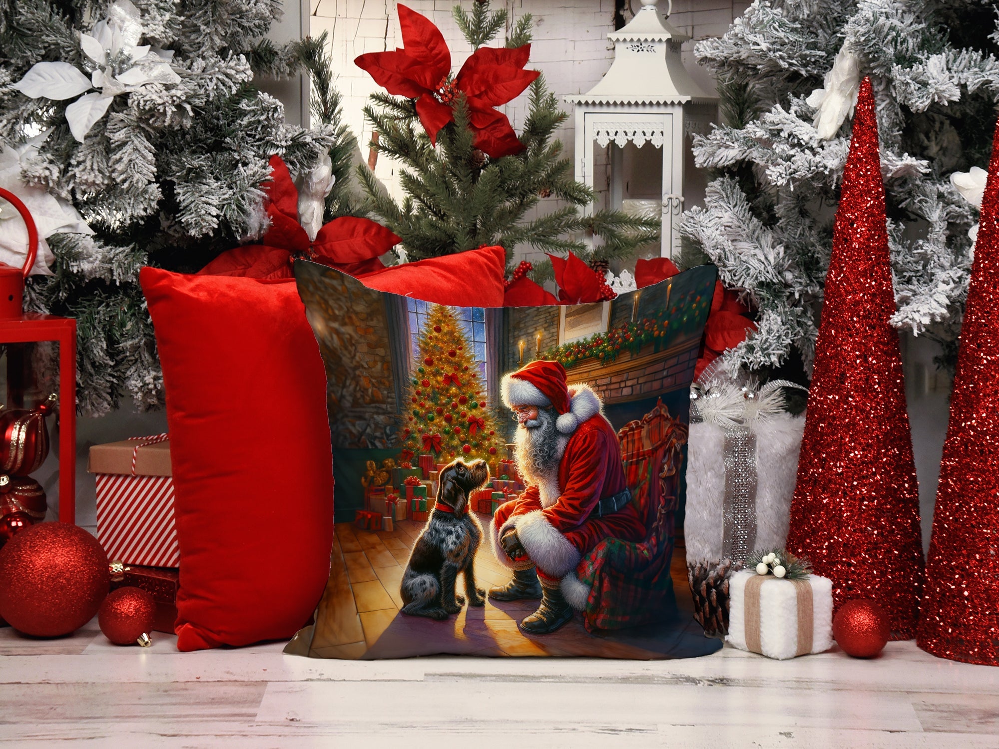 German Wirehaired Pointer and Santa Claus Decorative Throw Pillow 14x14 Indoor Outdoor Accent Cushion, Fabric Cover with Insert for Sofa, Bed, Porch & Living Room