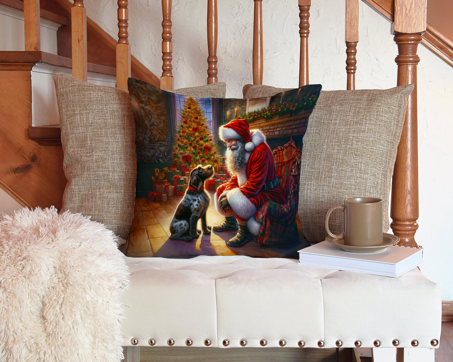 German Wirehaired Pointer and Santa Claus Decorative Throw Pillow 14x14 Indoor Outdoor Accent Cushion, Fabric Cover with Insert for Sofa, Bed, Porch & Living Room