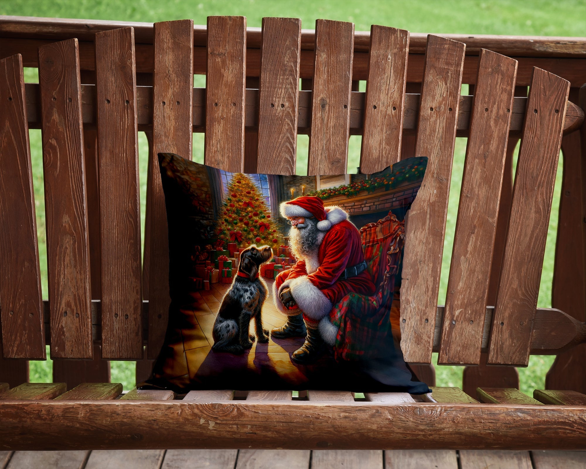 German Wirehaired Pointer and Santa Claus Decorative Throw Pillow 14x14 Indoor Outdoor Accent Cushion, Fabric Cover with Insert for Sofa, Bed, Porch & Living Room