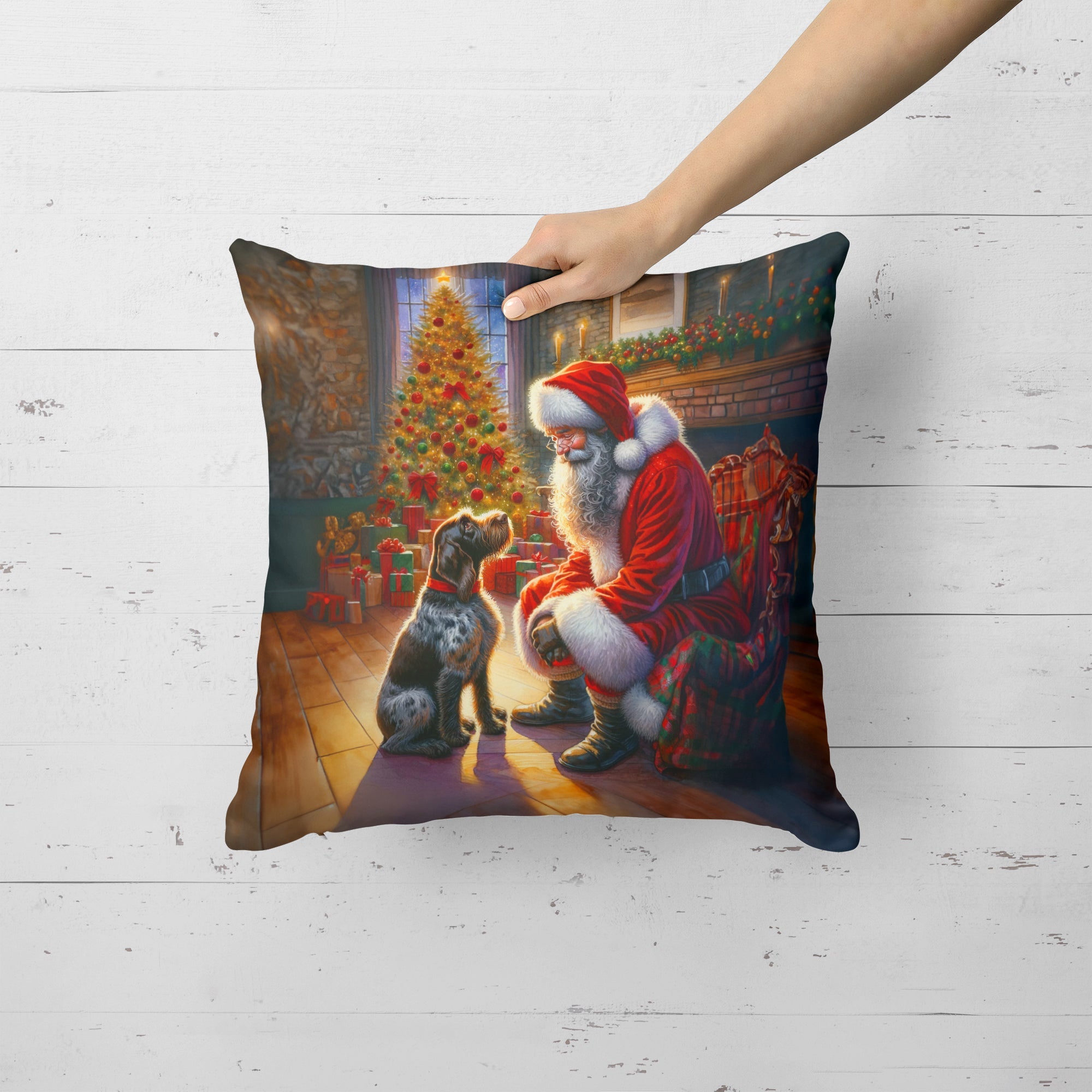 German Wirehaired Pointer and Santa Claus Decorative Throw Pillow 18x18 Indoor Outdoor Accent Cushion, Fabric Cover with Insert for Sofa, Bed, Porch & Living Room