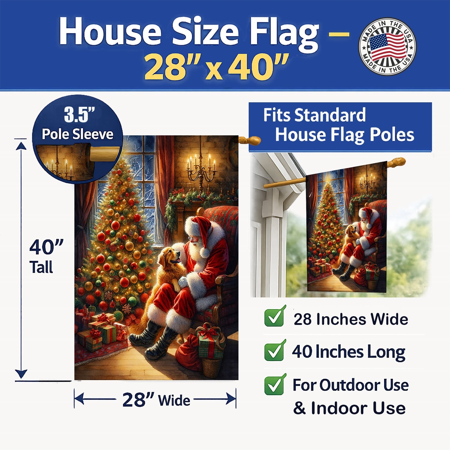 Golden Retriever and Santa Claus House Flag 28x40 Porch Sleeve Pole Decorative Outside Yard Banner Artwork Wall Hanging, Polyester