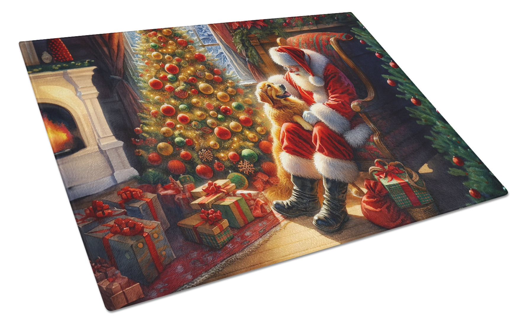Golden Retriever and Santa Claus Cutting Board Tempered Glass Kitchen Cutting Surface, Heat Resistant Chopping, Non-Slip Feet, Food Prep & Serving