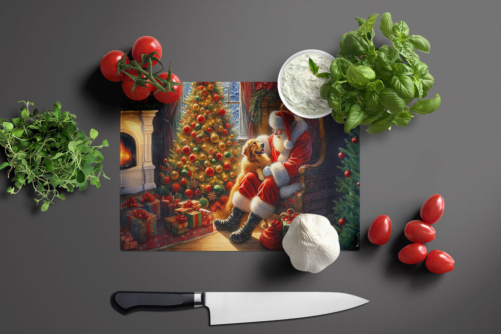 Golden Retriever and Santa Claus Cutting Board Tempered Glass Kitchen Cutting Surface, Heat Resistant Chopping, Non-Slip Feet, Food Prep & Serving