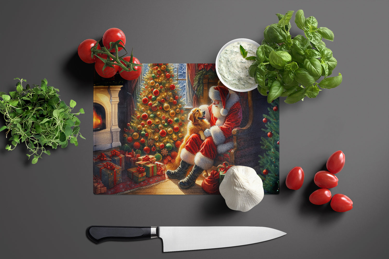 Golden Retriever and Santa Claus Cutting Board Tempered Glass Kitchen Cutting Surface, Heat Resistant Chopping, Non-Slip Feet, Food Prep & Serving