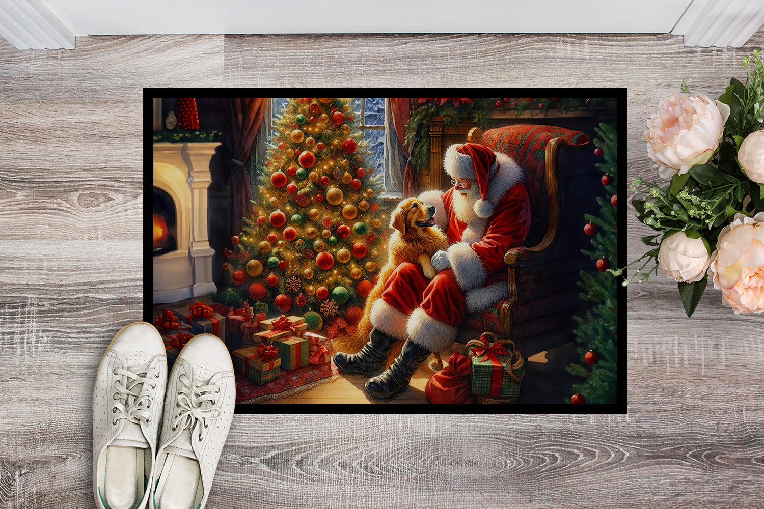 Golden Retriever and Santa Claus Doormat Indoor Outdoor 18H X 27W Front Door Mat Rugs for Entryway, Non Slip Washable
