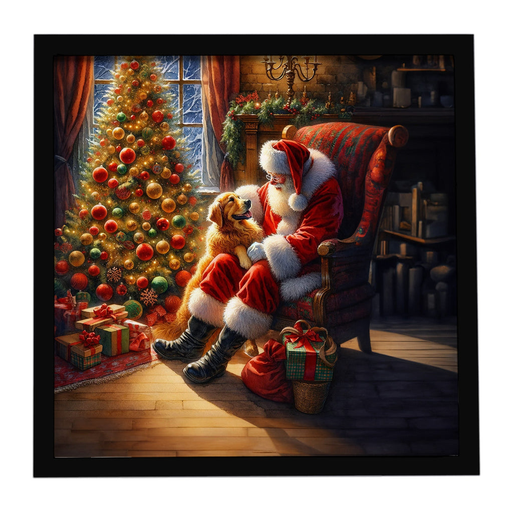 Golden Retriever and Santa Claus Framed Metal Print Bathroom, Kitchen, Office, Home Decor Wall Art Ready to Hang, Square, 8X8
