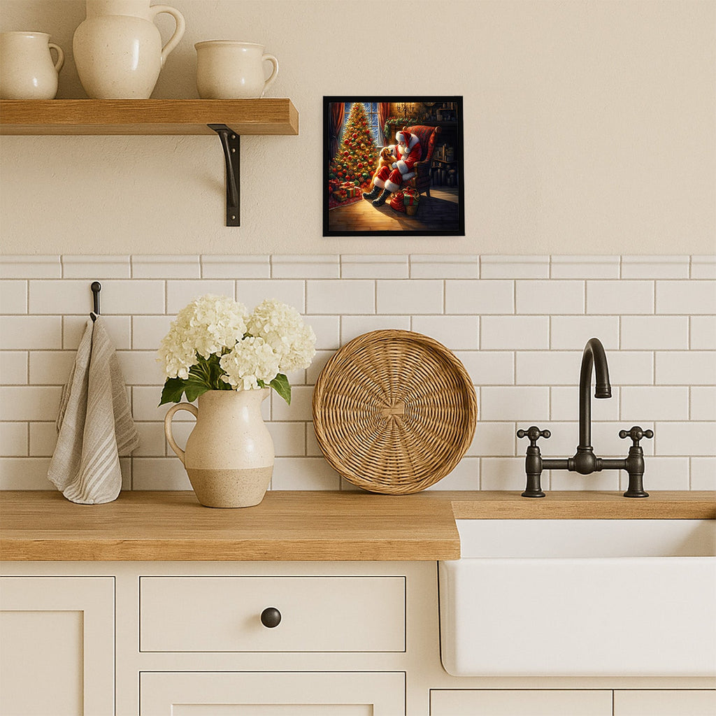 Golden Retriever and Santa Claus Framed Metal Print Bathroom, Kitchen, Office, Home Decor Wall Art Ready to Hang, Square, 8X8