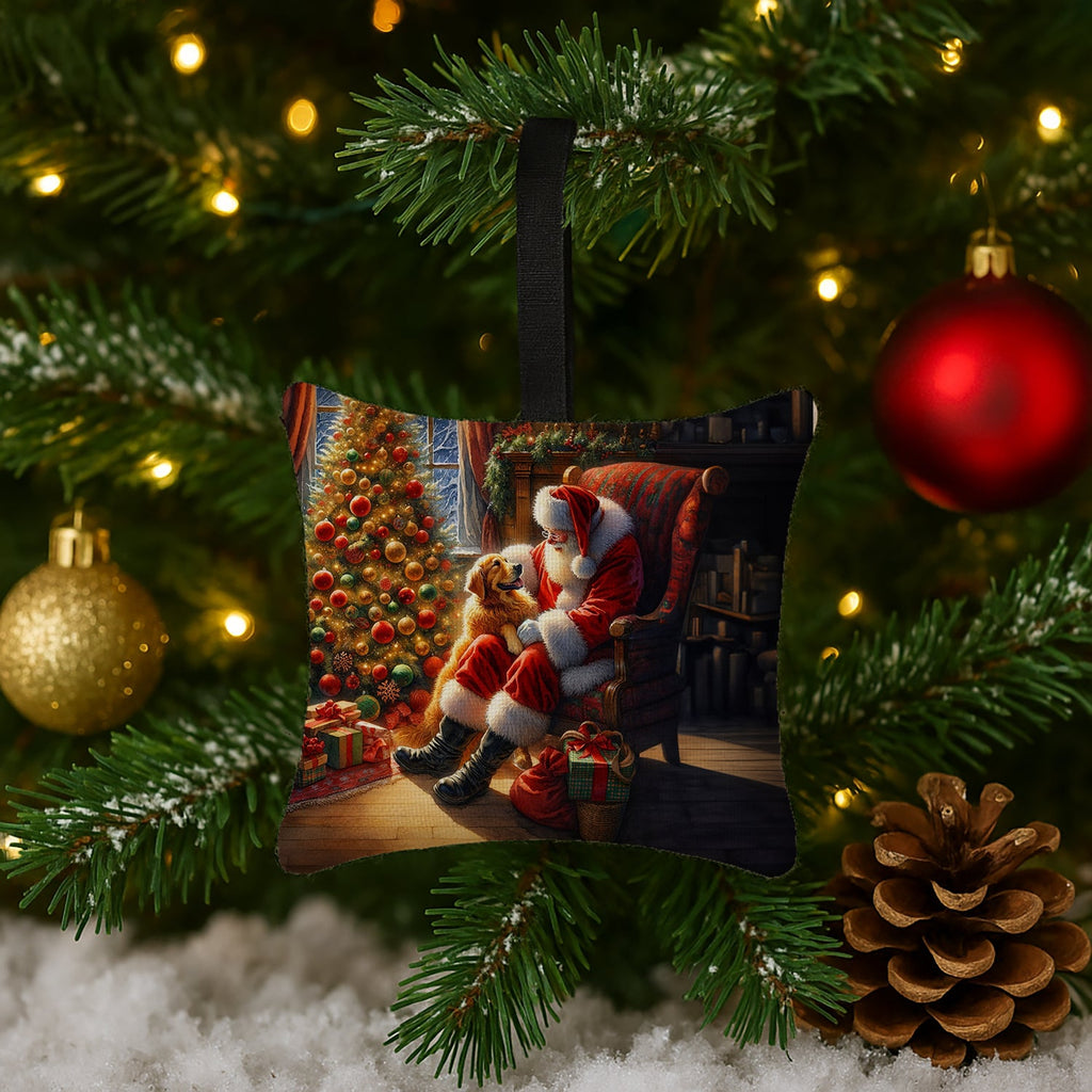 Golden Retriever and Santa Claus Hanging Square Fabric Ornament 3.5 × 3.5 Decorative Door-Knob & Tree Hanger, Soft Fabric