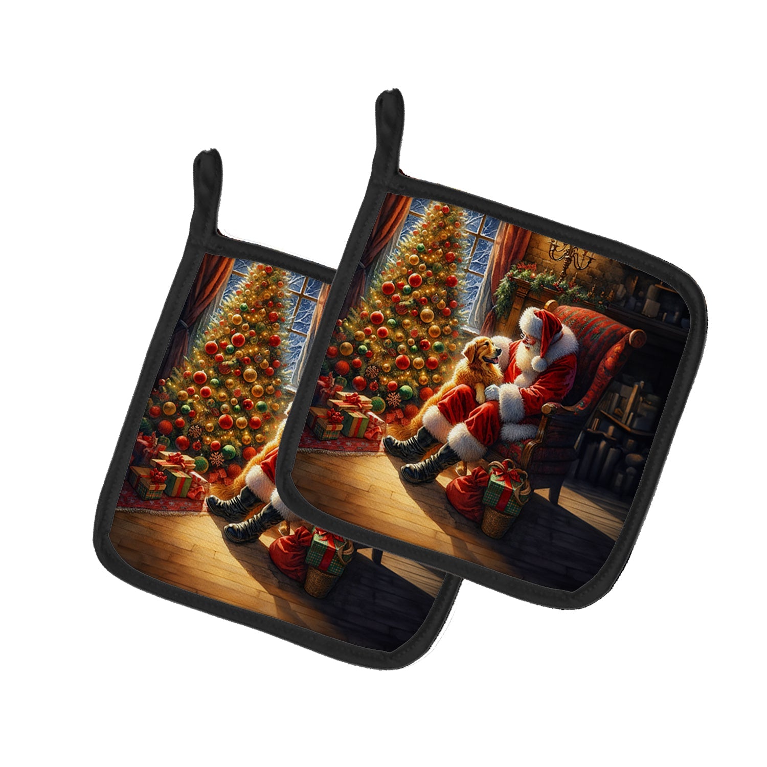 Golden Retriever and Santa Claus Pot Holder Set of 2 Heat Resistant Quilted Hot Pads 7.5 x 7.5 Inch, Insulated Kitchen Trivets for Cooking & Baking