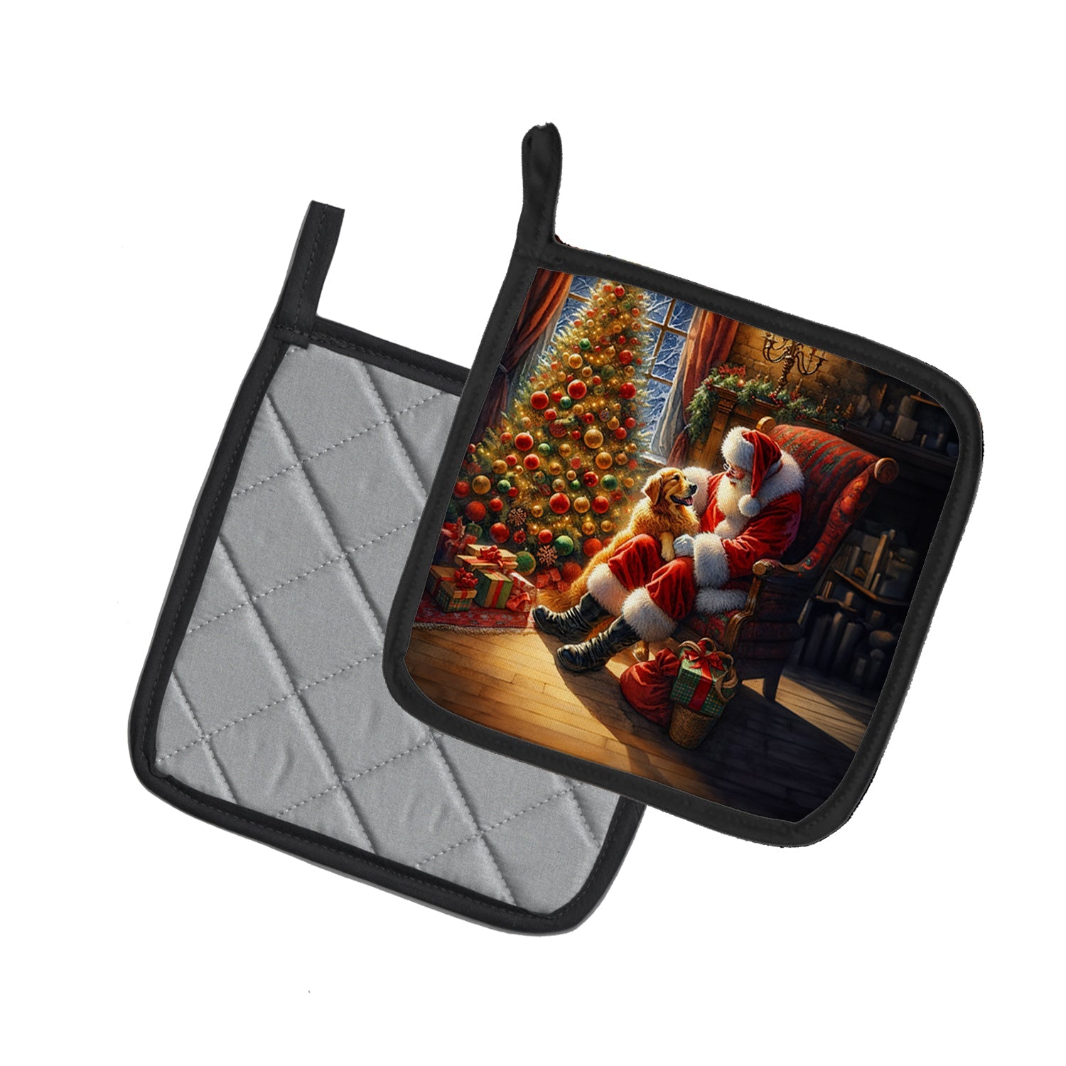 Golden Retriever and Santa Claus Pot Holder Set of 2 Heat Resistant Quilted Hot Pads 7.5 x 7.5 Inch, Insulated Kitchen Trivets for Cooking & Baking
