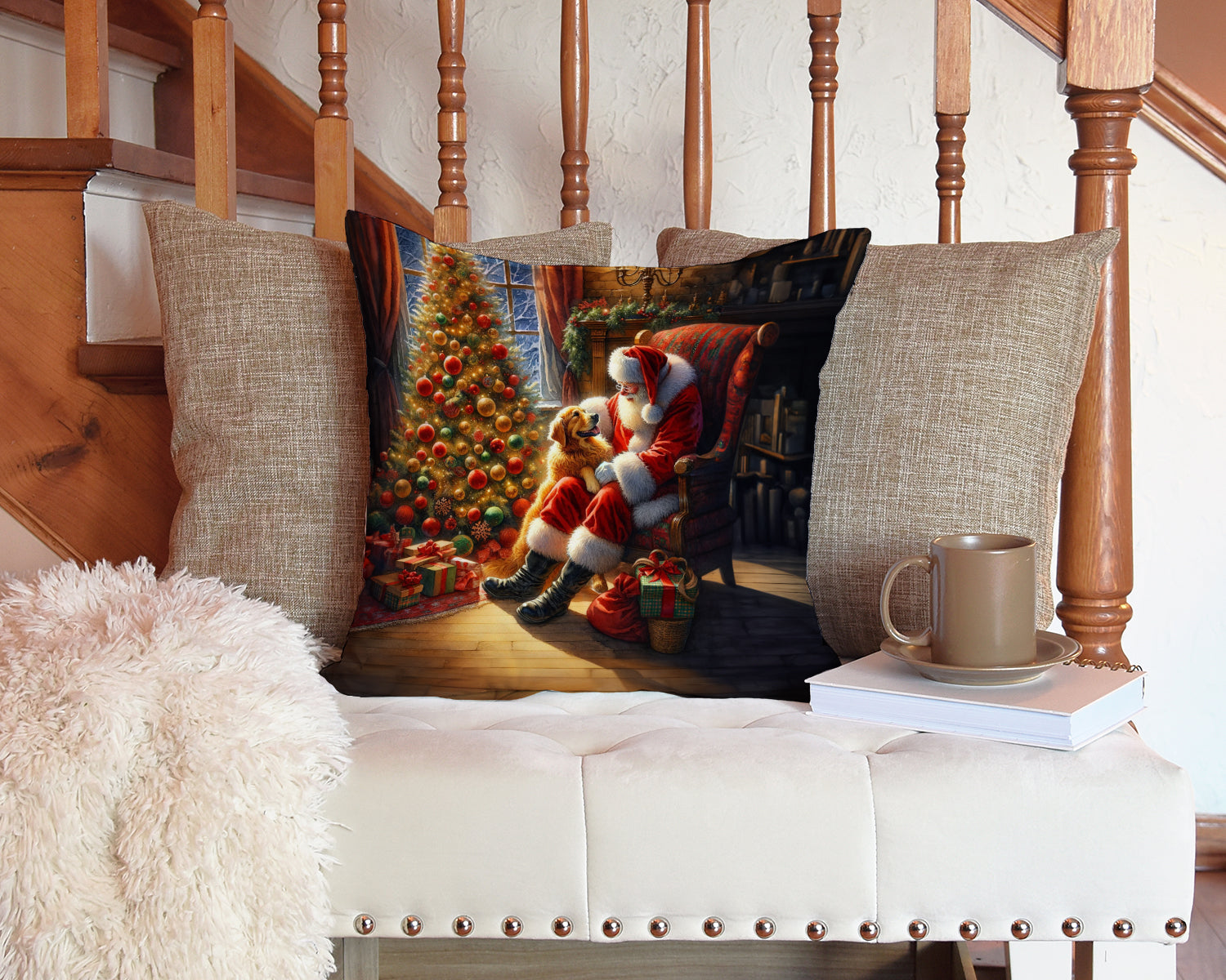 Golden Retriever and Santa Claus Decorative Throw Pillow 14x14 Indoor Outdoor Accent Cushion, Fabric Cover with Insert for Sofa, Bed, Porch & Living Room