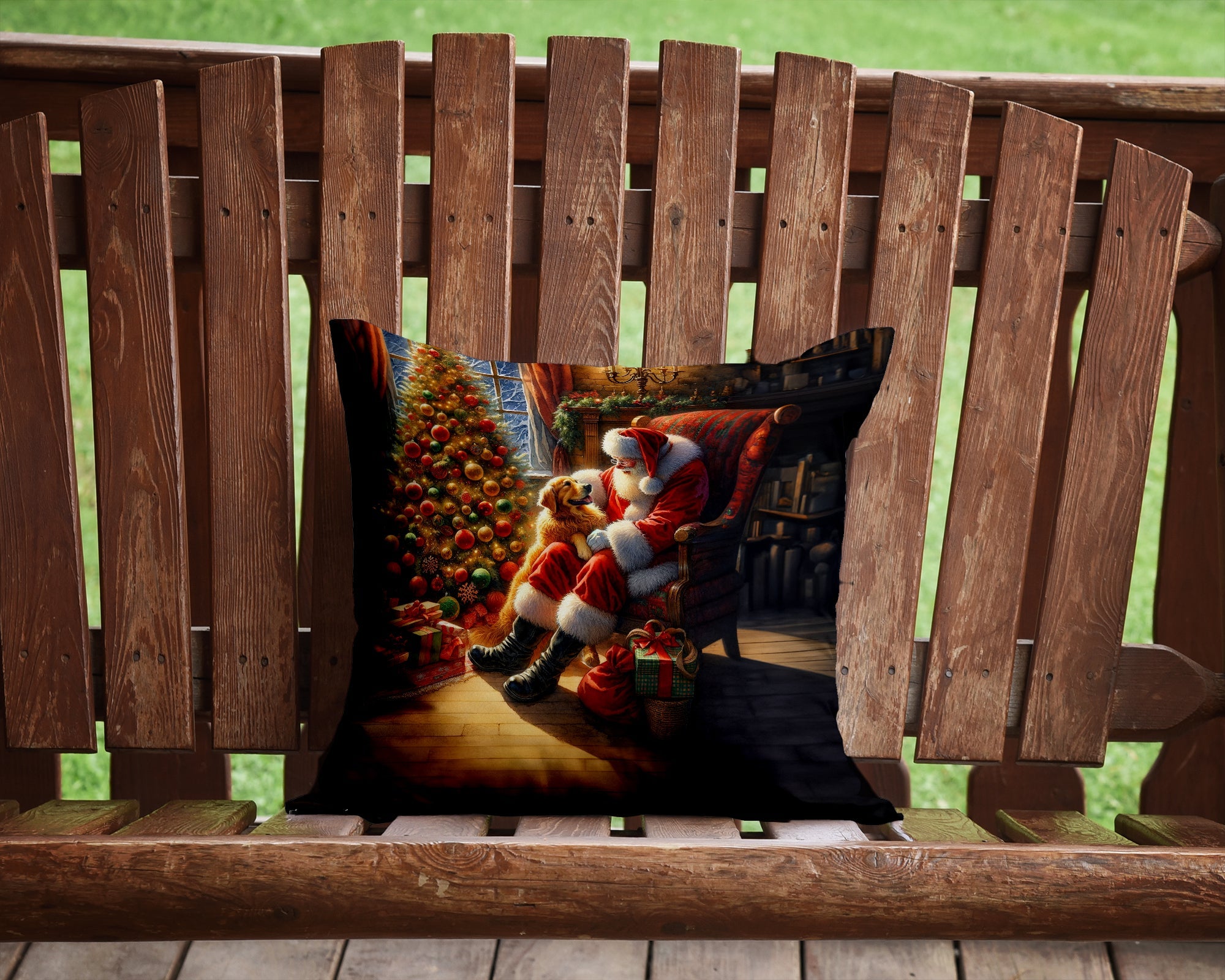 Golden Retriever and Santa Claus Decorative Throw Pillow 14x14 Indoor Outdoor Accent Cushion, Fabric Cover with Insert for Sofa, Bed, Porch & Living Room