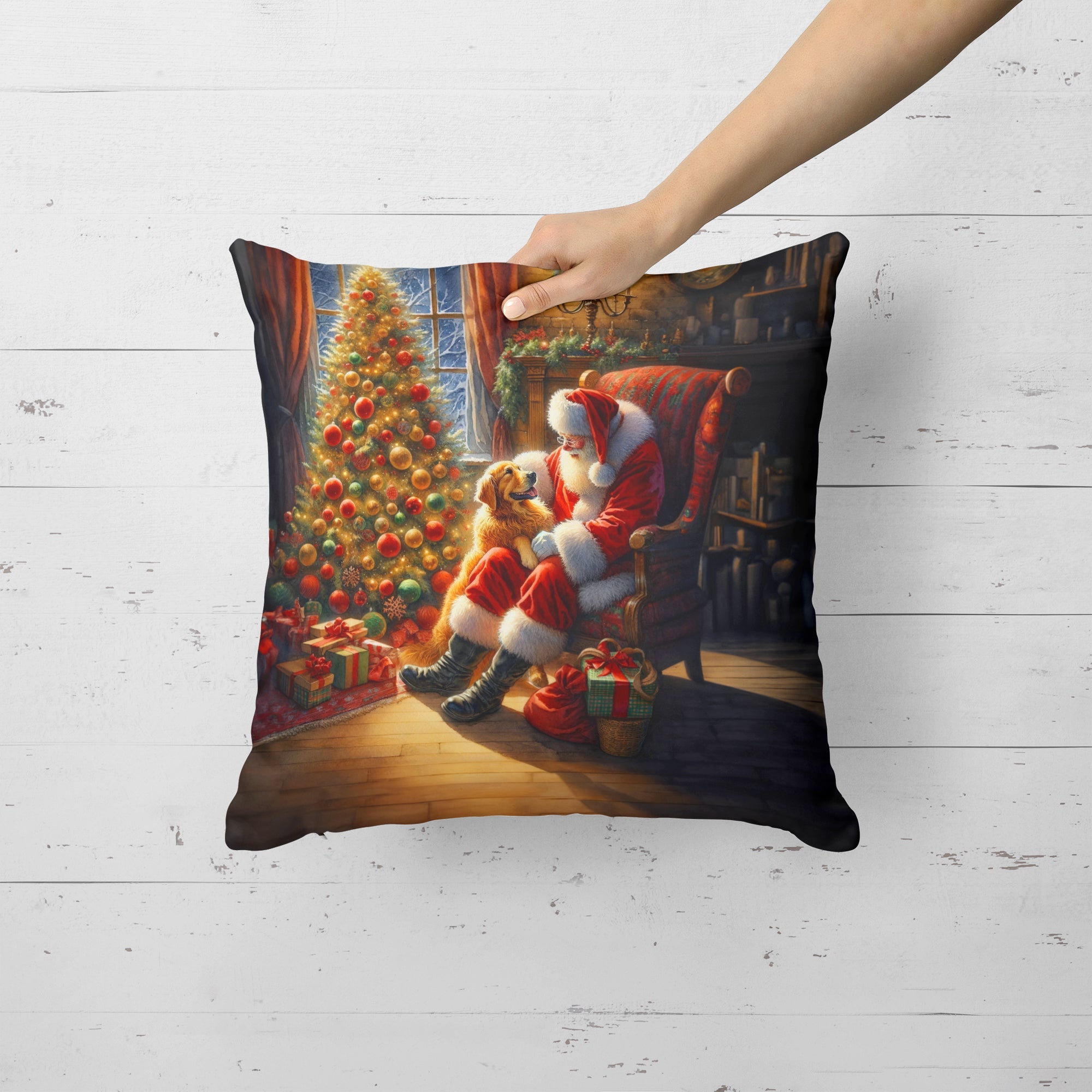 Golden Retriever and Santa Claus Decorative Throw Pillow 18x18 Indoor Outdoor Accent Cushion, Fabric Cover with Insert for Sofa, Bed, Porch & Living Room