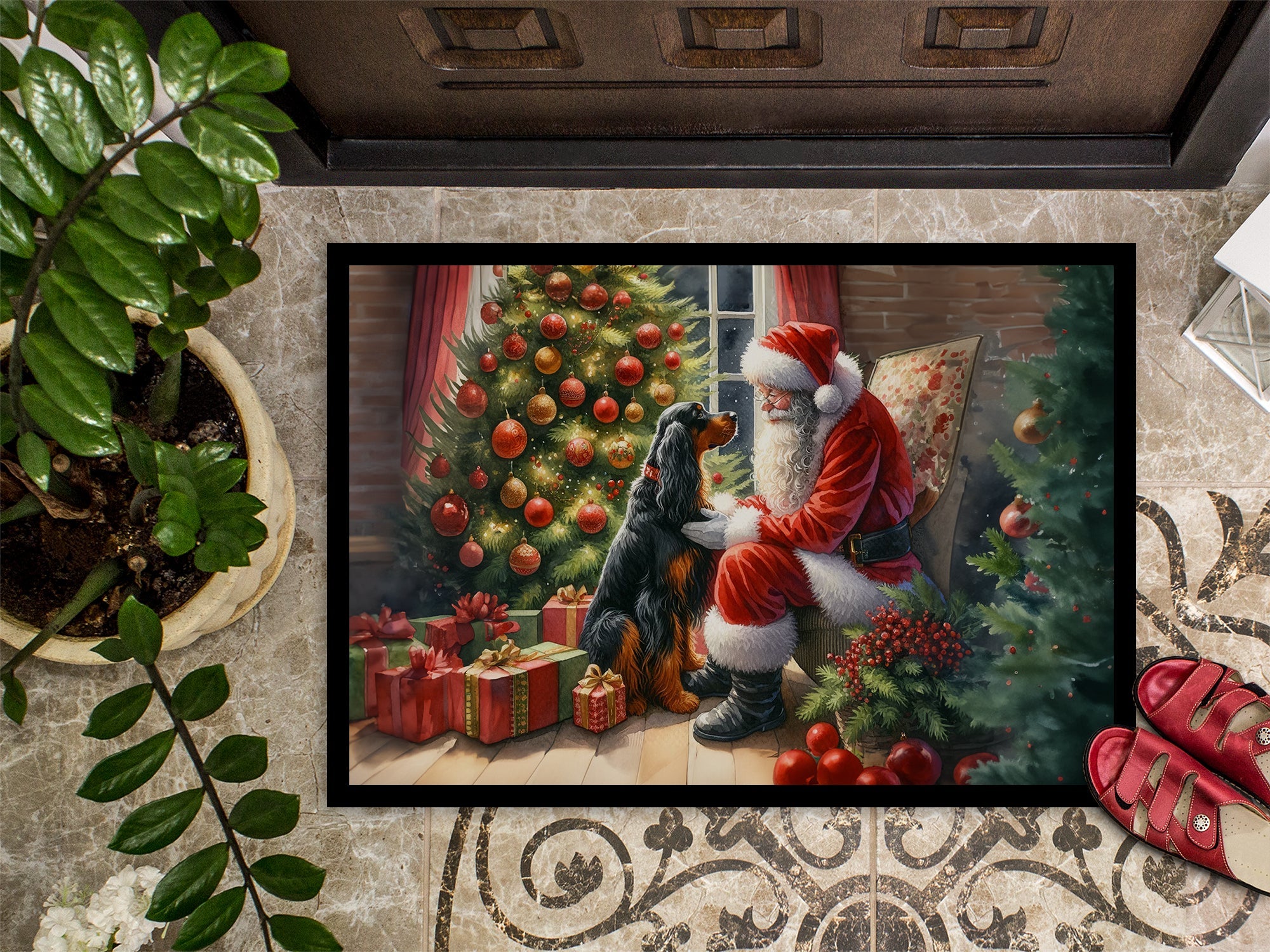 Gordon Setter and Santa Claus Doormat Indoor Outdoor 24H X 36W Front Door Mat Rugs for Entryway, Non Slip Washable Low Pile,
