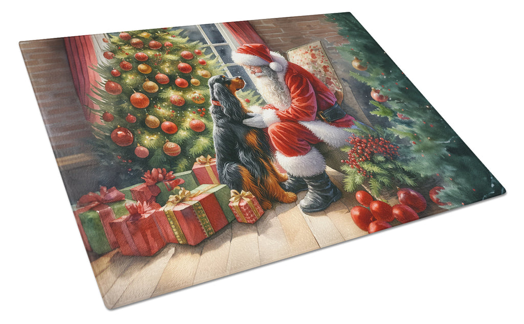 Gordon Setter and Santa Claus Cutting Board Tempered Glass Kitchen Cutting Surface, Heat Resistant Chopping, Non-Slip Feet, Food Prep & Serving