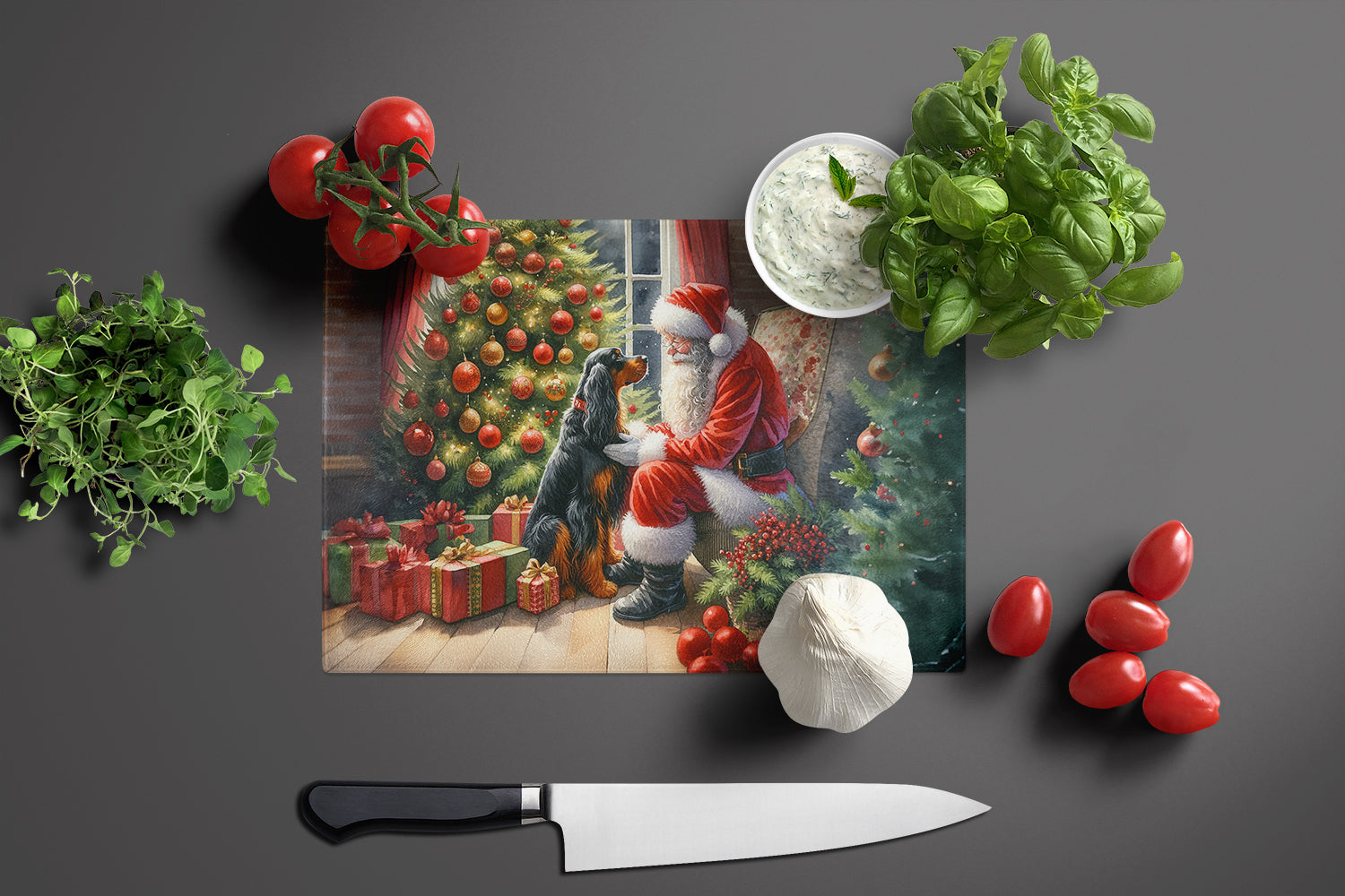 Gordon Setter and Santa Claus Cutting Board Tempered Glass Kitchen Cutting Surface, Heat Resistant Chopping, Non-Slip Feet, Food Prep & Serving