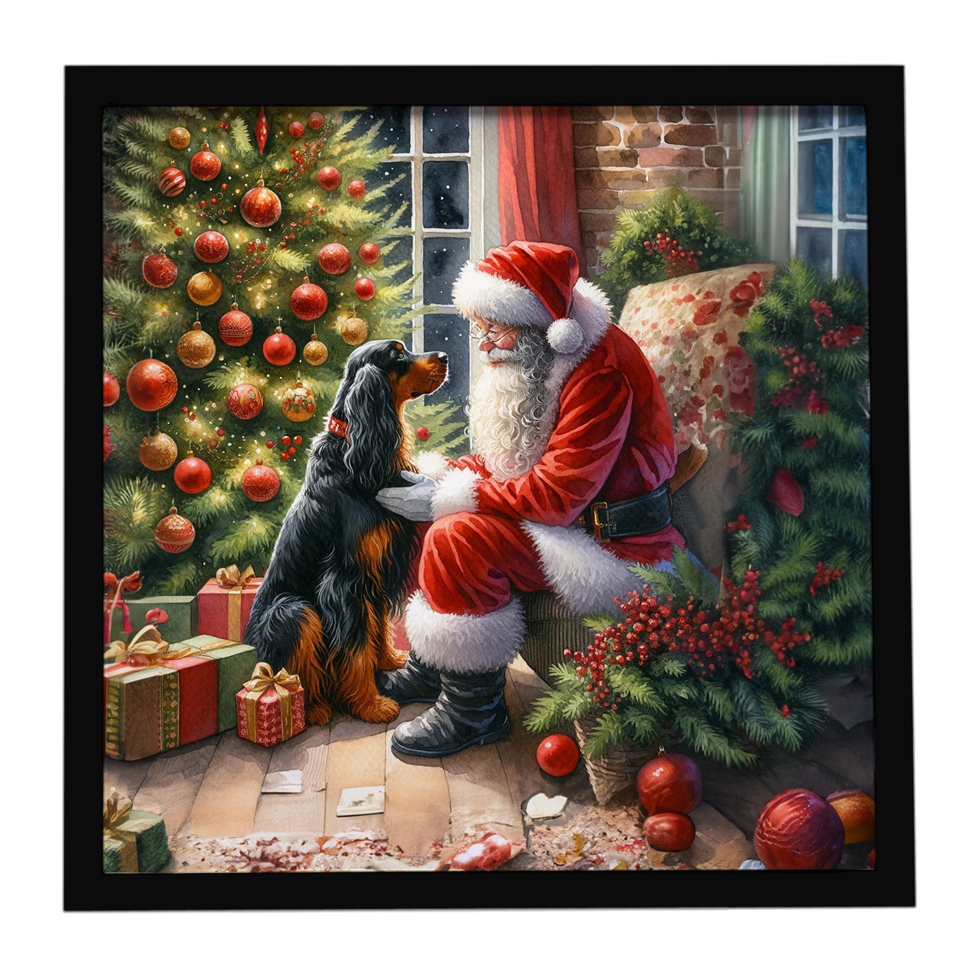 Gordon Setter and Santa Claus Framed Metal Print Bathroom, Kitchen, Office, Home Decor Wall Art Ready to Hang, Square, 8X8