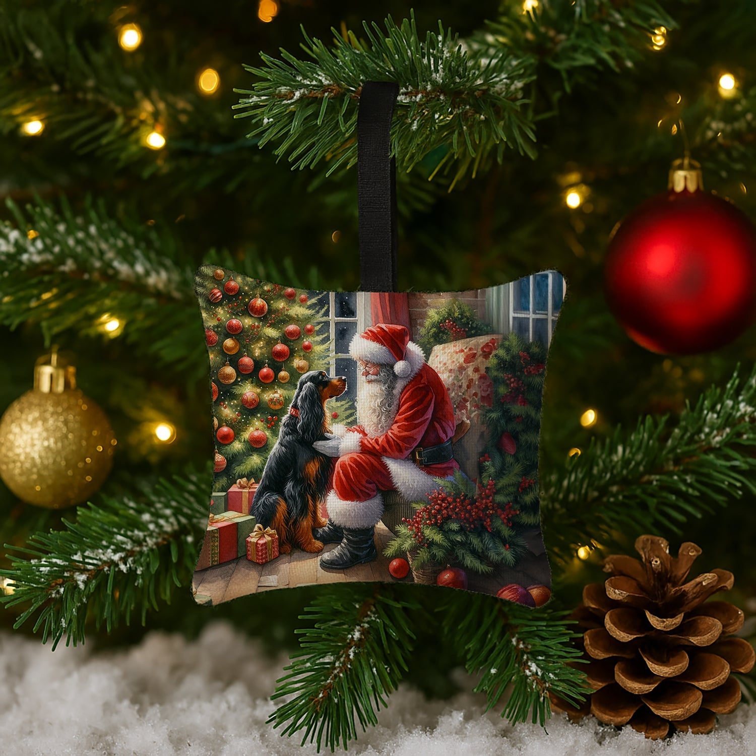 Gordon Setter and Santa Claus Hanging Square Fabric Ornament 3.5 × 3.5 Decorative Door-Knob & Tree Hanger, Soft Fabric