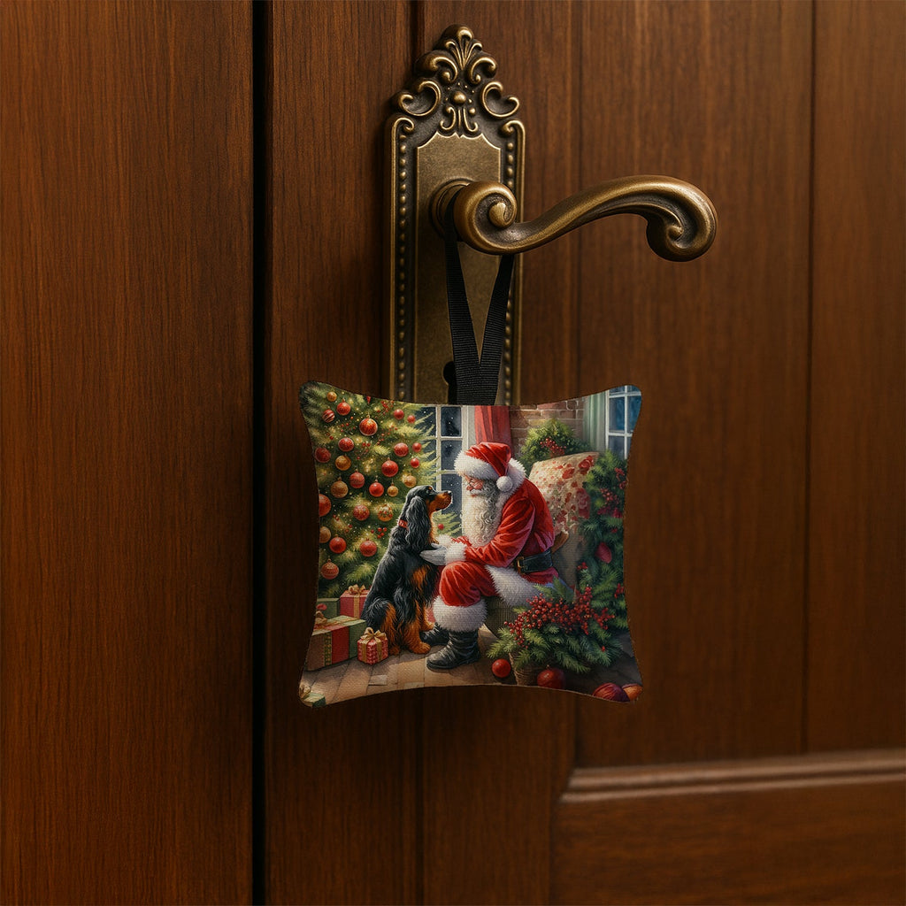 Gordon Setter and Santa Claus Hanging Square Fabric Ornament 3.5 × 3.5 Decorative Door-Knob & Tree Hanger, Soft Fabric