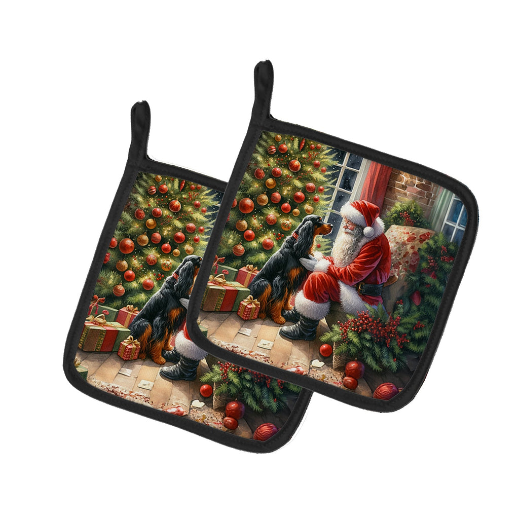 Gordon Setter and Santa Claus Pot Holder Set of 2 Heat Resistant Quilted Hot Pads 7.5 x 7.5 Inch, Insulated Kitchen Trivets for Cooking & Baking