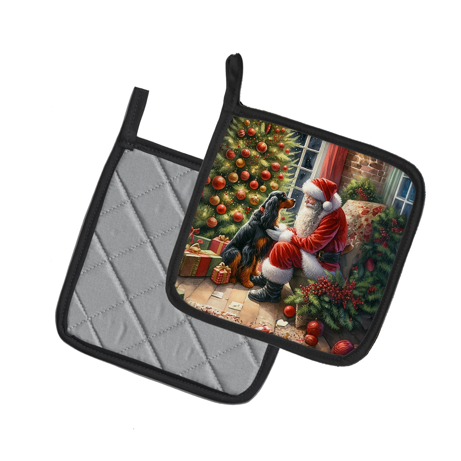 Gordon Setter and Santa Claus Pot Holder Set of 2 Heat Resistant Quilted Hot Pads 7.5 x 7.5 Inch, Insulated Kitchen Trivets for Cooking & Baking