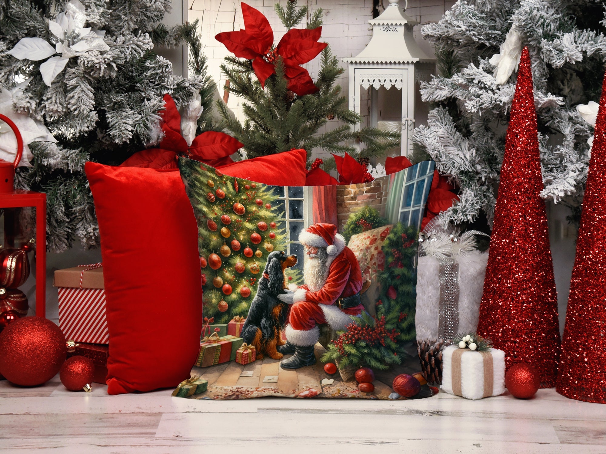 Gordon Setter and Santa Claus Decorative Throw Pillow 14x14 Indoor Outdoor Accent Cushion, Fabric Cover with Insert for Sofa, Bed, Porch & Living Room