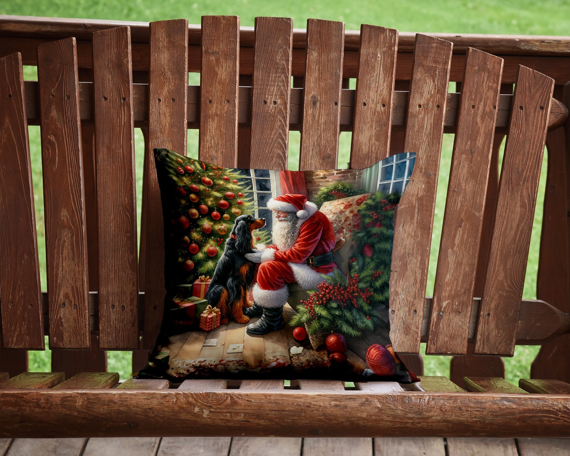 Gordon Setter and Santa Claus Decorative Throw Pillow 14x14 Indoor Outdoor Accent Cushion, Fabric Cover with Insert for Sofa, Bed, Porch & Living Room