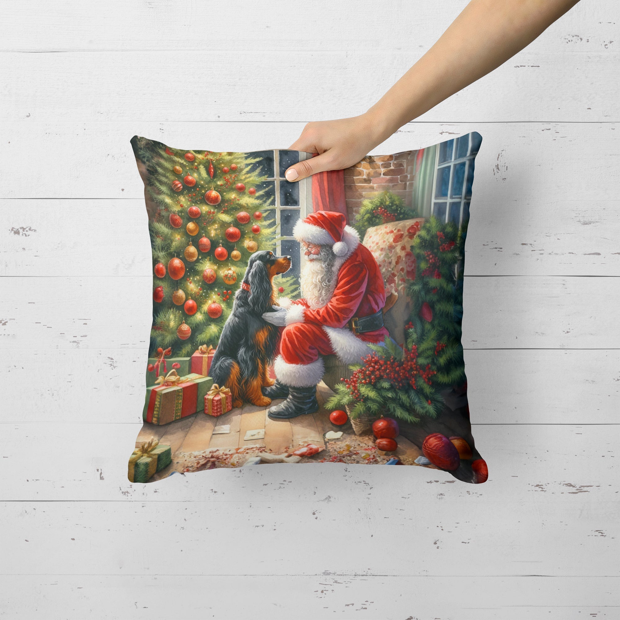 Gordon Setter and Santa Claus Decorative Throw Pillow 18x18 Indoor Outdoor Accent Cushion, Fabric Cover with Insert for Sofa, Bed, Porch & Living Room