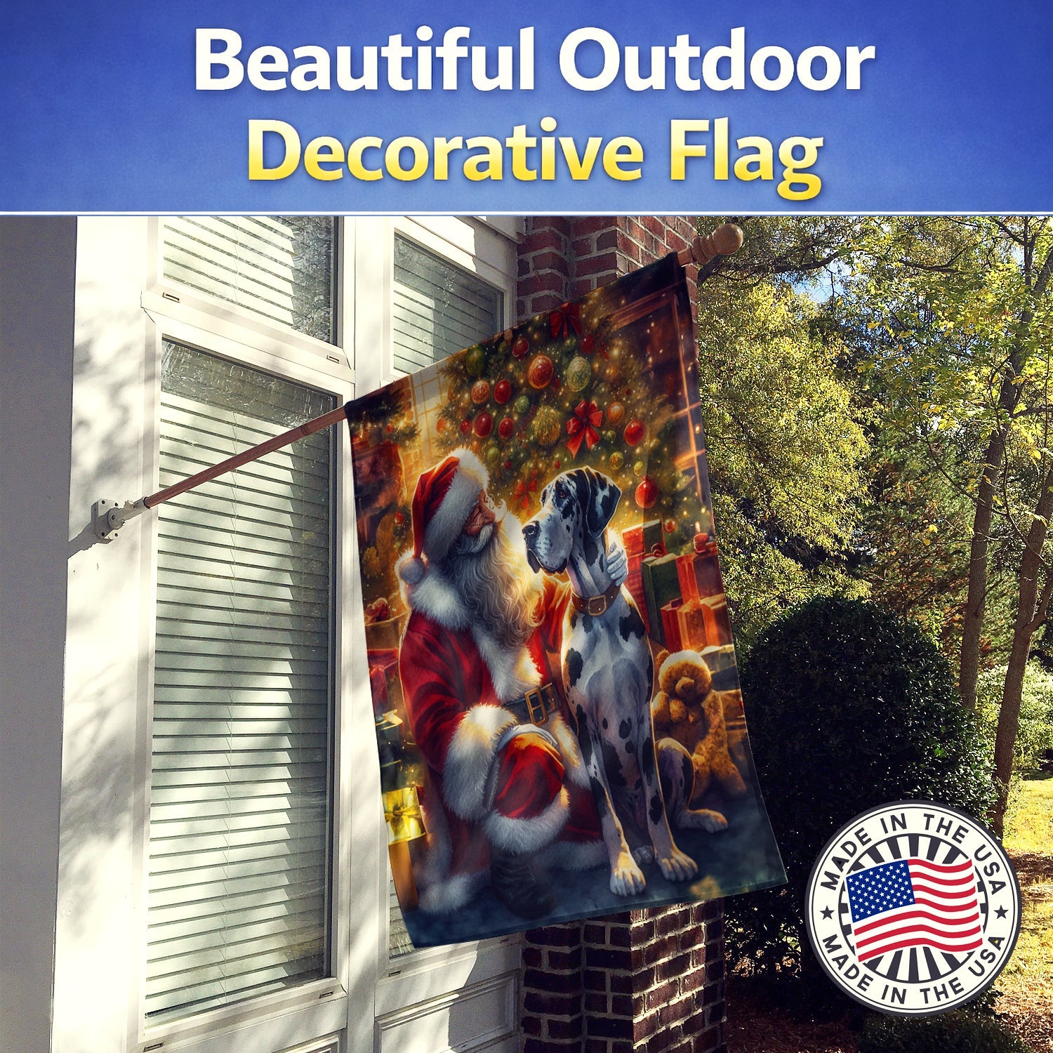 Great Dane and Santa Claus House Flag 28x40 Porch Sleeve Pole Decorative Outside Yard Banner Artwork Wall Hanging, Polyester