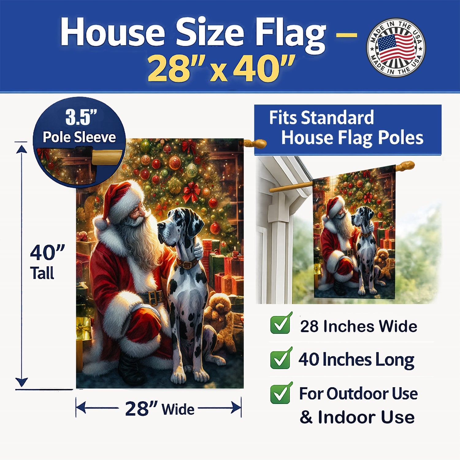 Great Dane and Santa Claus House Flag 28x40 Porch Sleeve Pole Decorative Outside Yard Banner Artwork Wall Hanging, Polyester