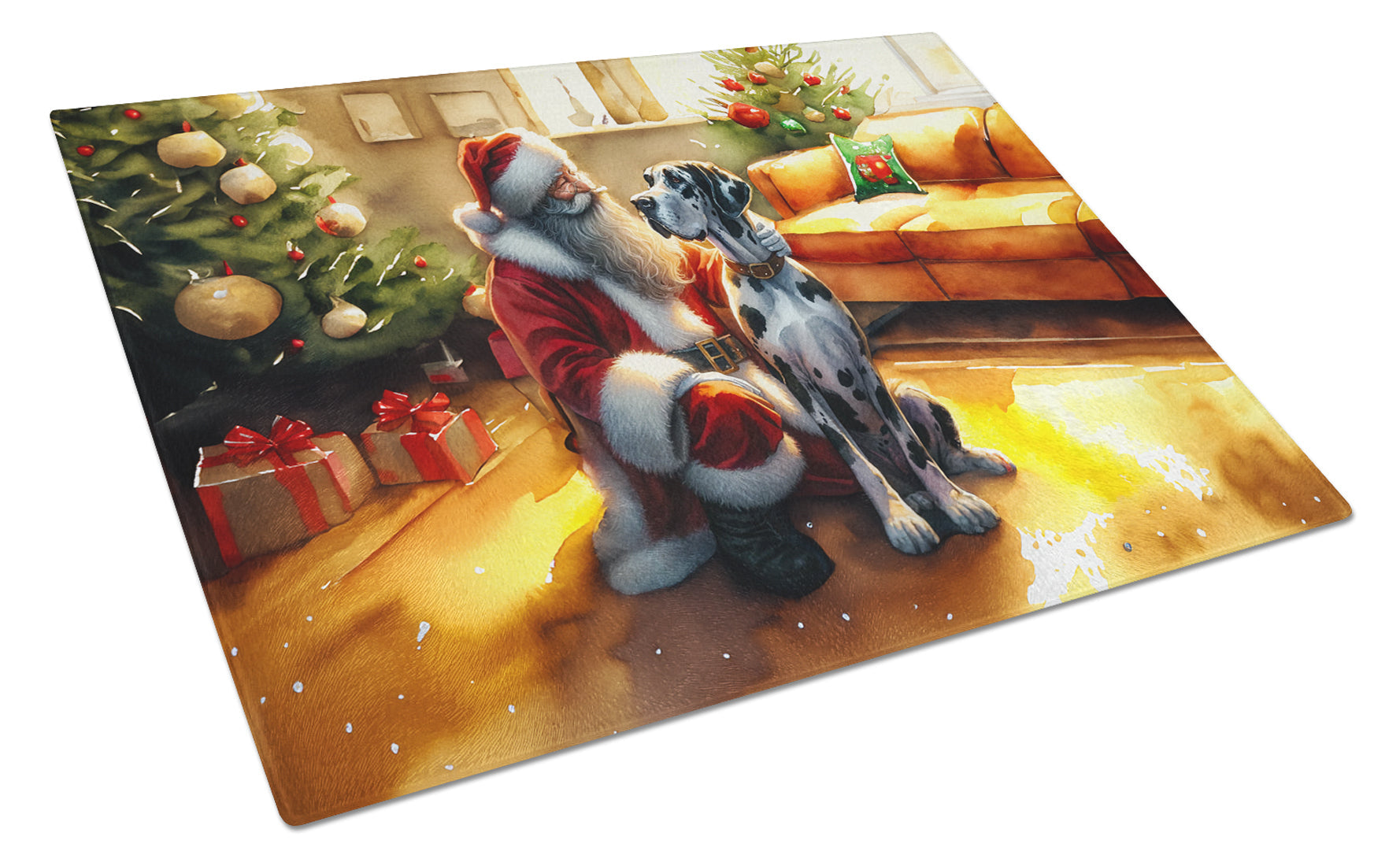Great Dane and Santa Claus Cutting Board Tempered Glass Kitchen Cutting Surface, Heat Resistant Chopping, Non-Slip Feet, Food Prep & Serving